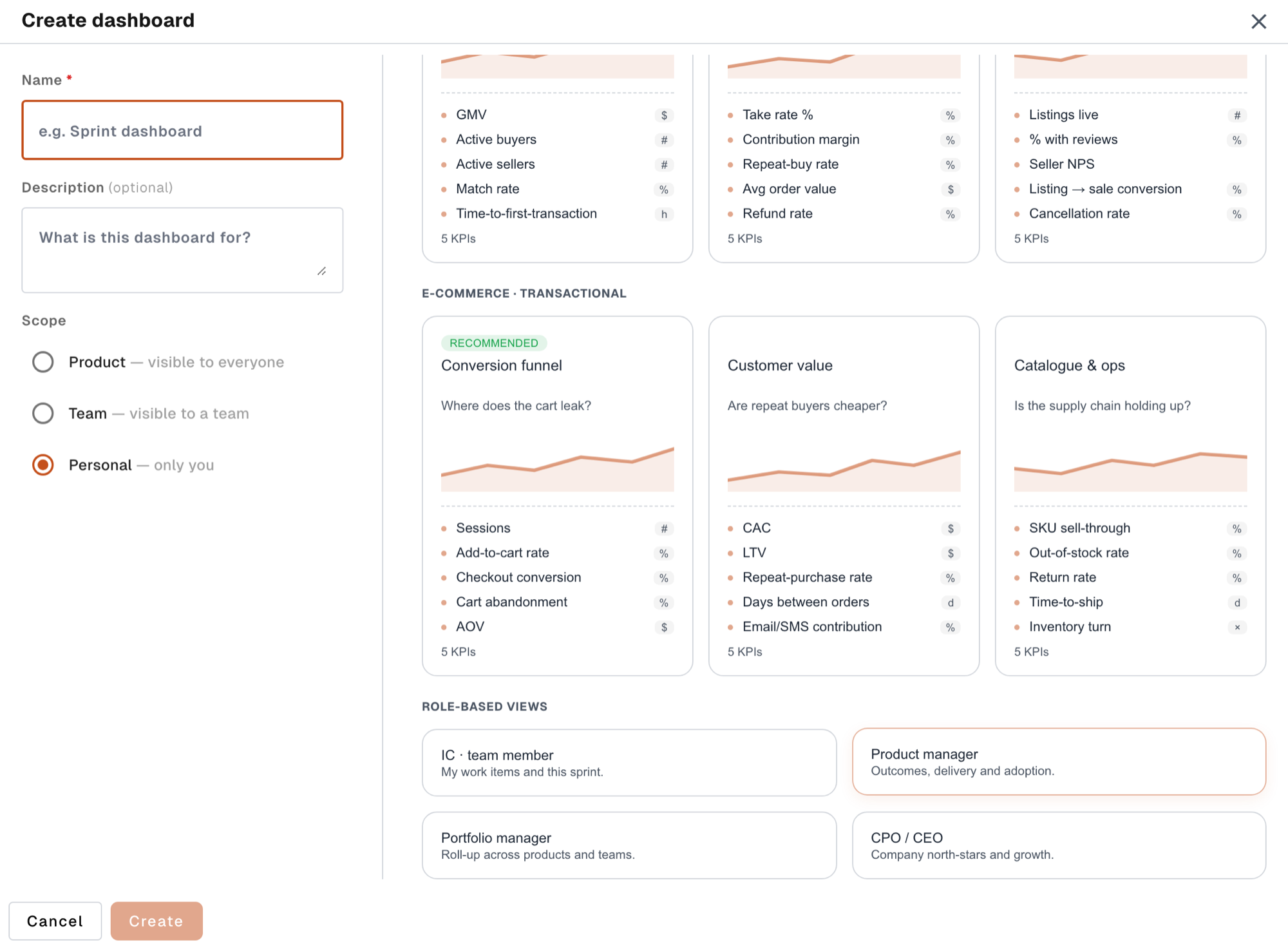 Role-based views in the create gallery
